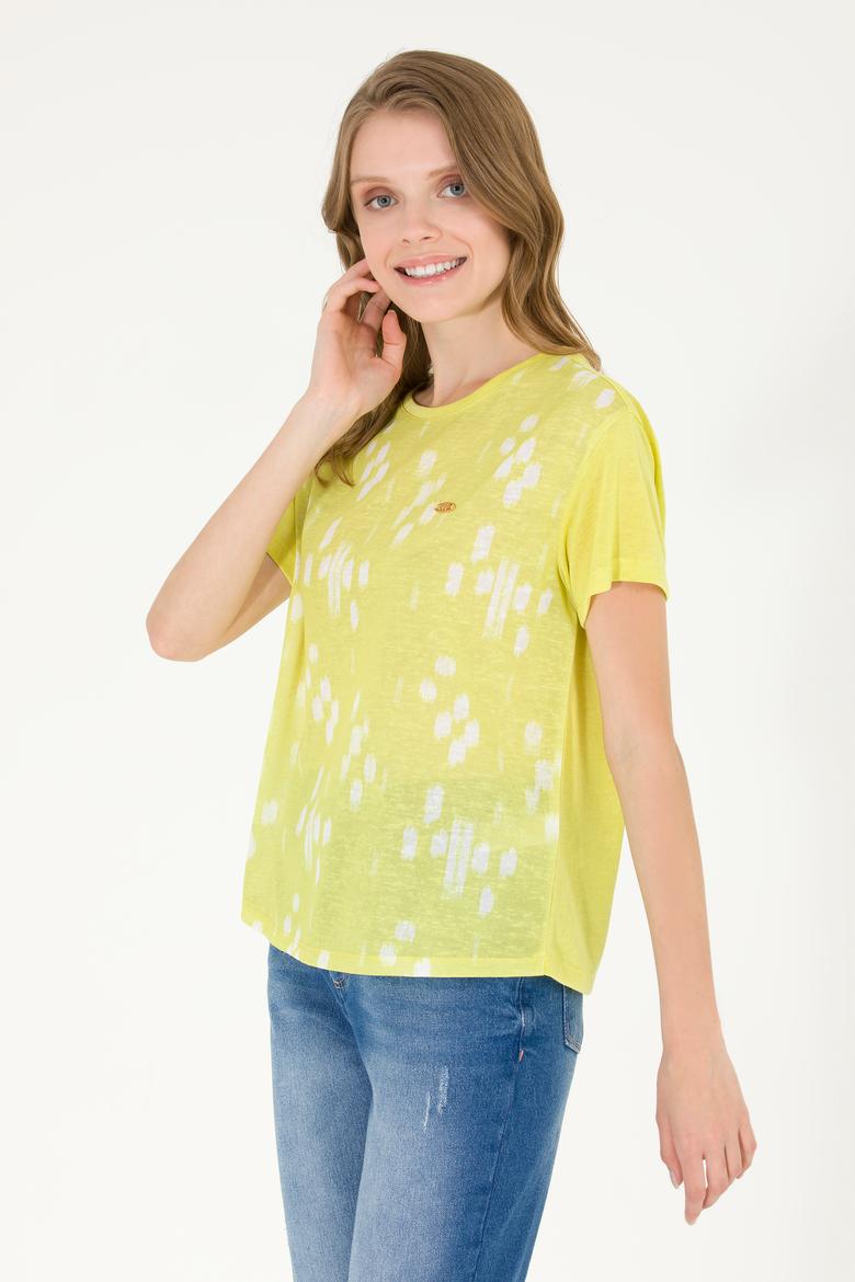 Kadın Neon Sarı Bisiklet Yaka Tişört - 50263590037