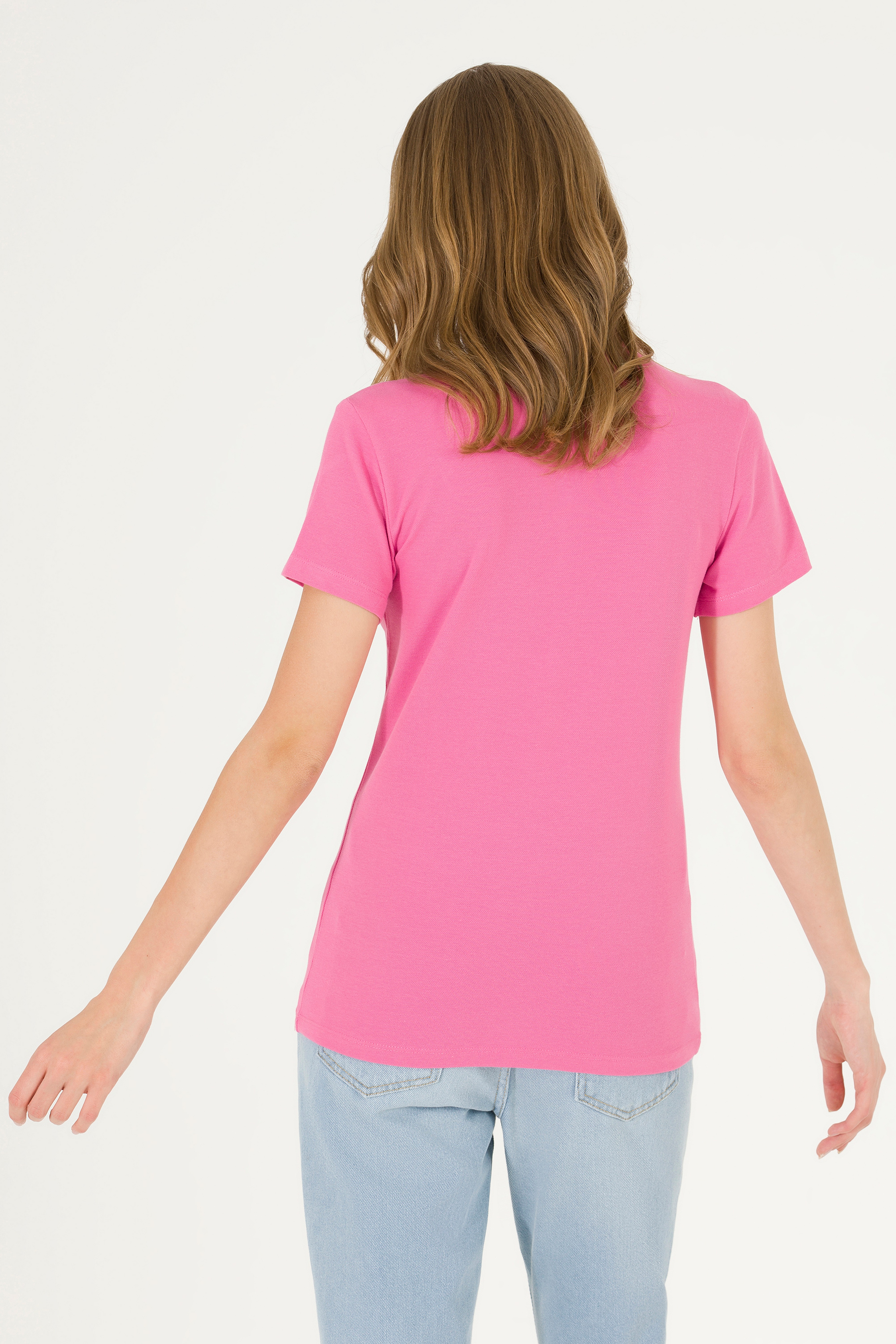 Kadın Pembe Polo Yaka Tişört - Image 5