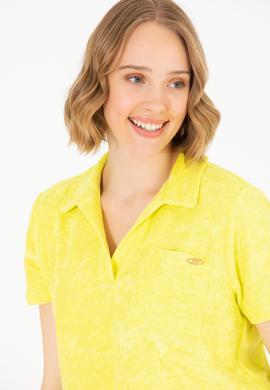 Kadın Neon Sarı Crop Polo Yaka Tişört - 50263960019