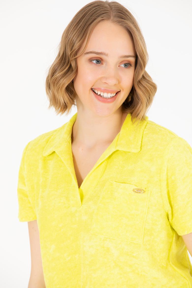 Kadın Neon Sarı Crop Polo Yaka Tişört - 50263960019
