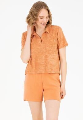 Kadın Pudra Crop Polo Yaka Tişört - 50263960027