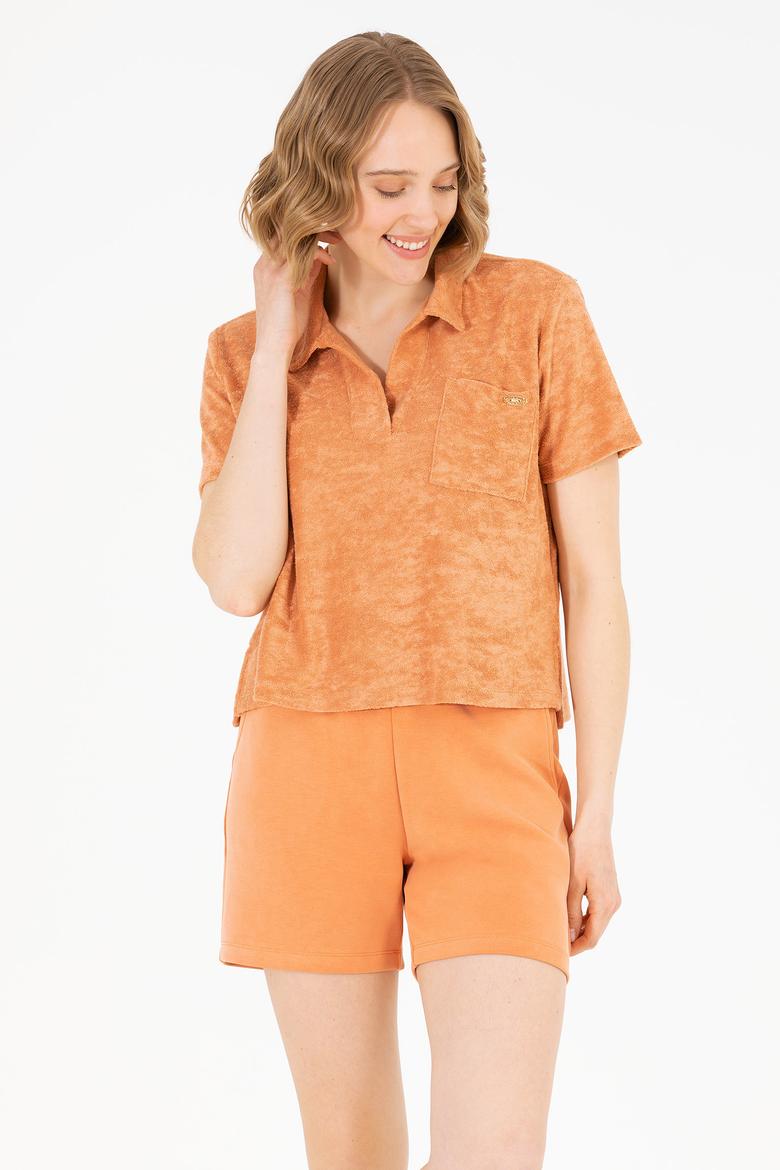 Kadın Pudra Crop Polo Yaka Tişört - 50263960027