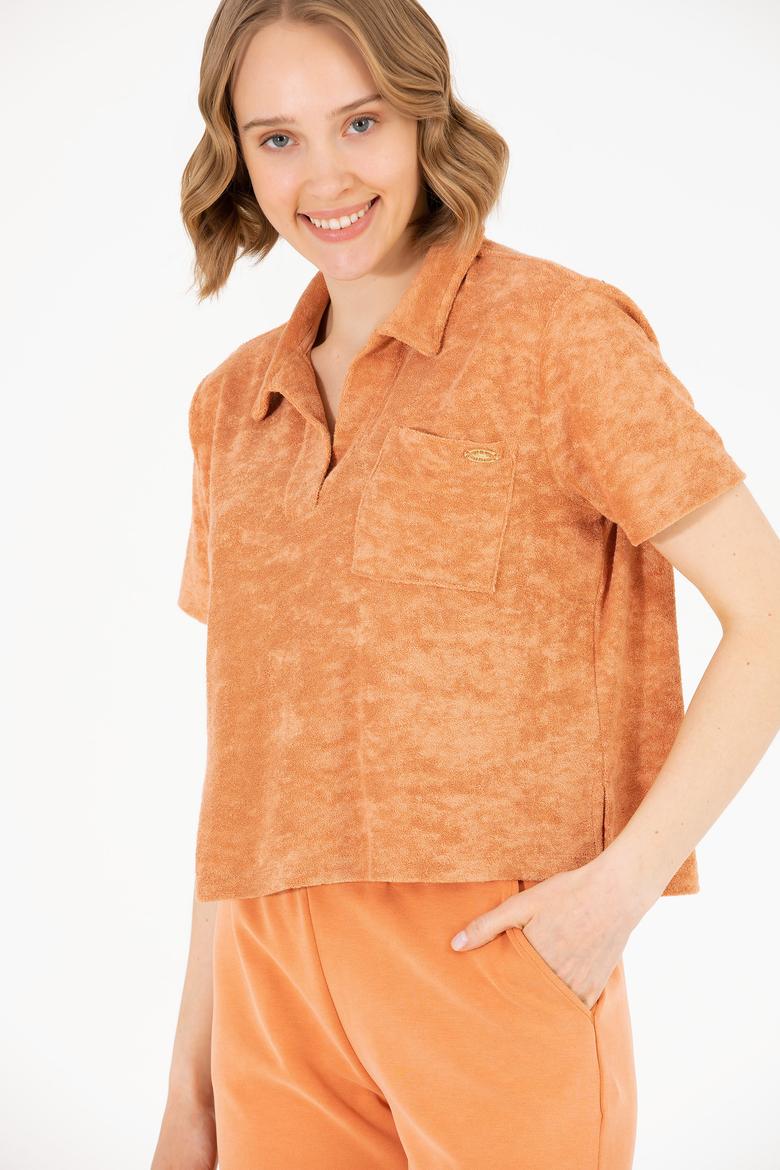 Kadın Pudra Crop Polo Yaka Tişört - 50263960027