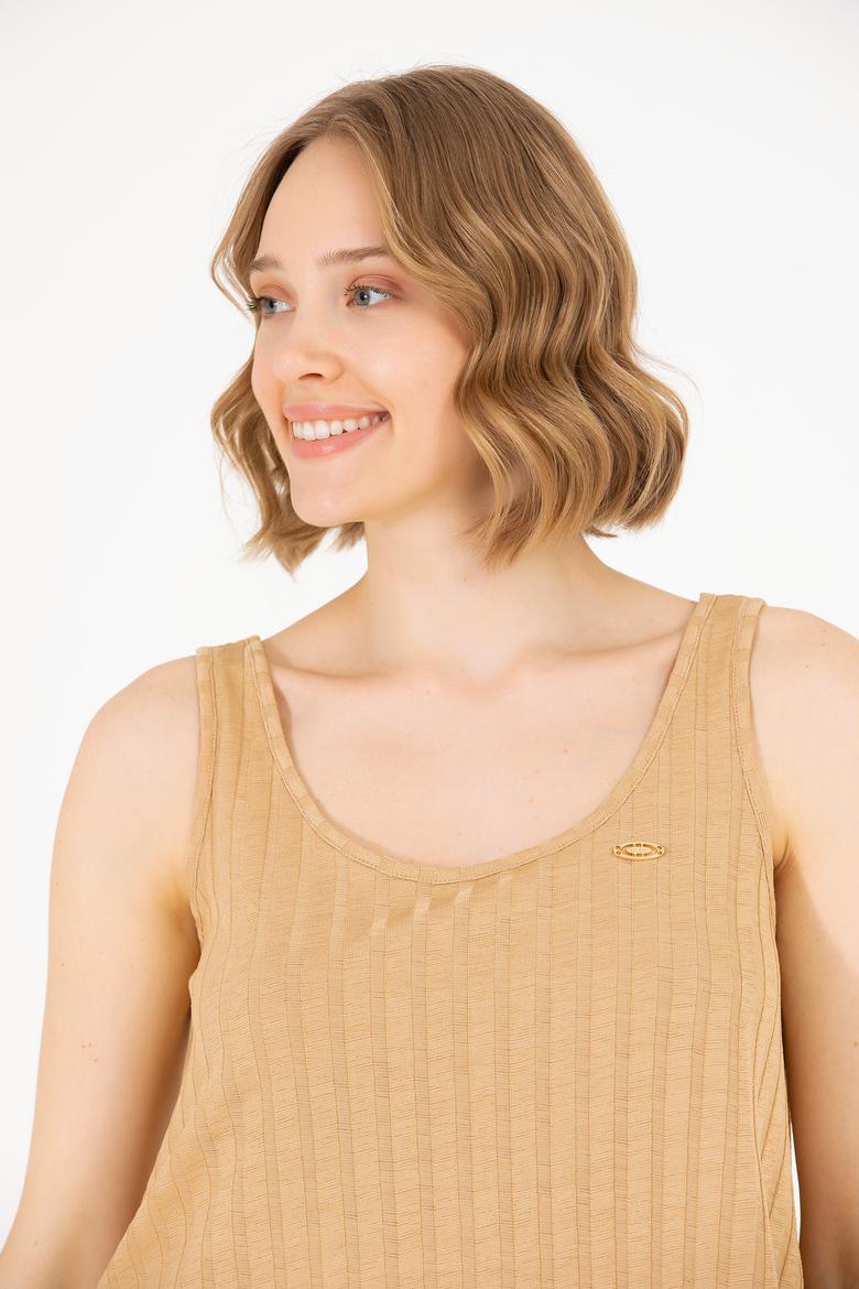 Kadın Camel Bisiklet Yaka Kolsuz Tişört - 50263938036