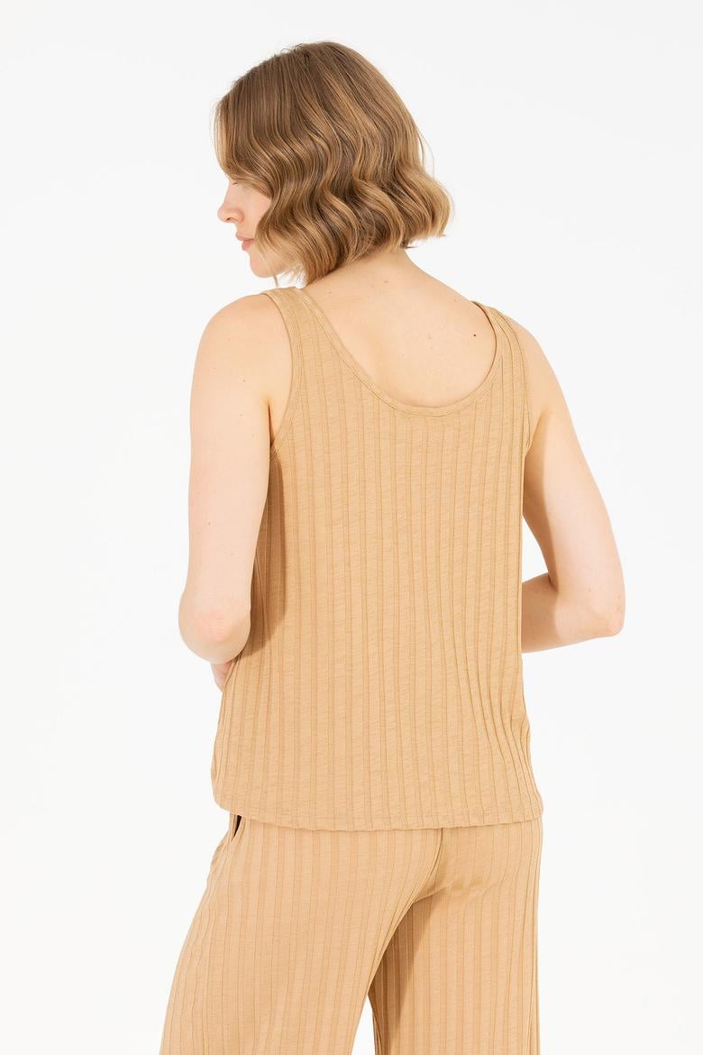 Kadın Camel Bisiklet Yaka Kolsuz Tişört - 50263938036