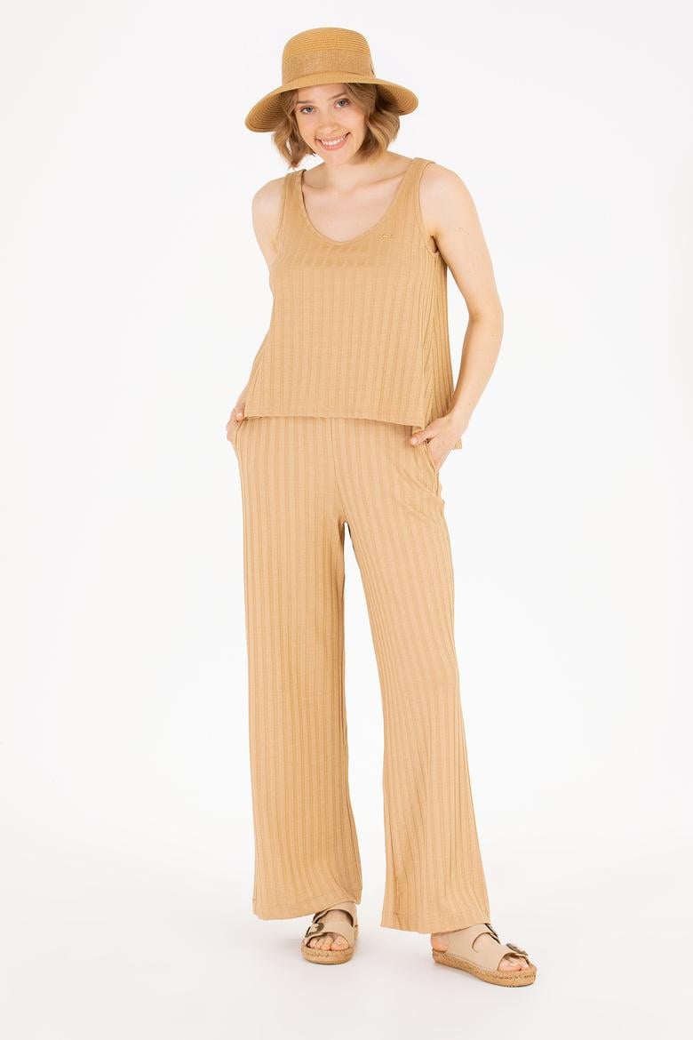 Kadın Camel Bisiklet Yaka Kolsuz Tişört