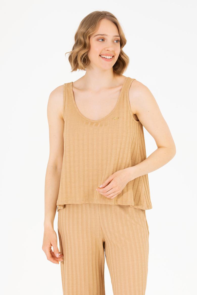 Kadın Camel Bisiklet Yaka Kolsuz Tişört - 50263938036