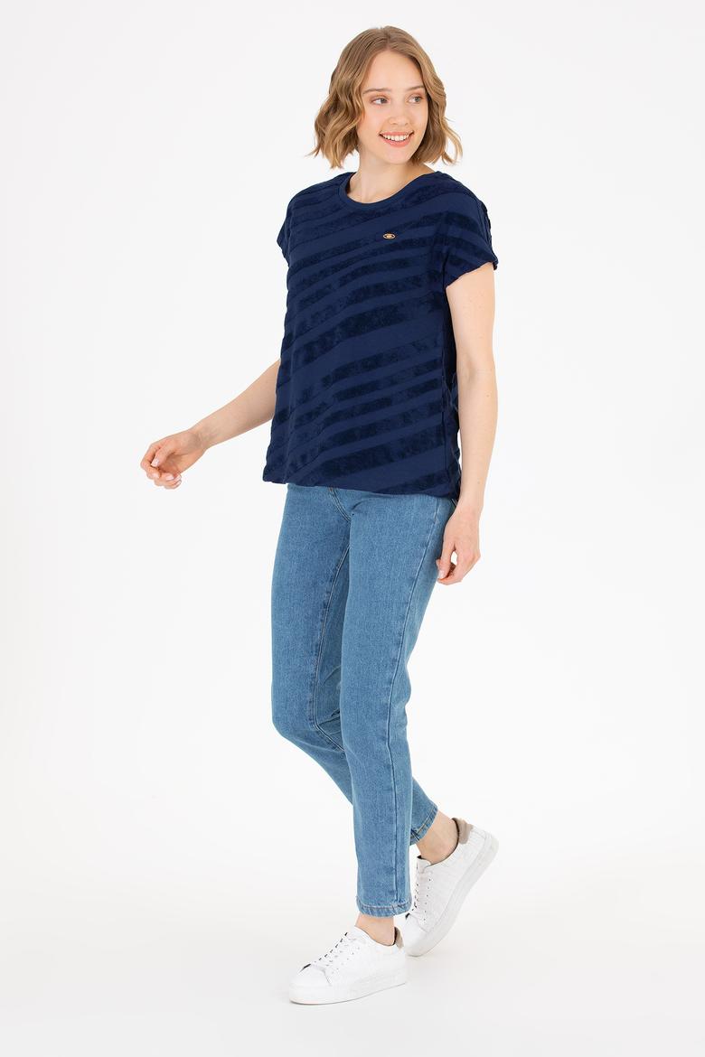 Kadın Lacivert Bisiklet Yaka Tişört - 50262552007