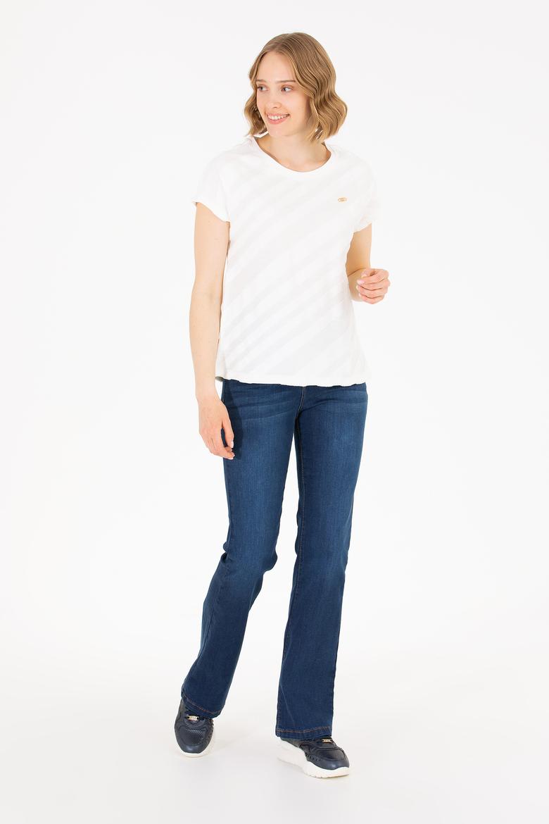 Kadın Krem Bisiklet Yaka Tişört - 50262552012