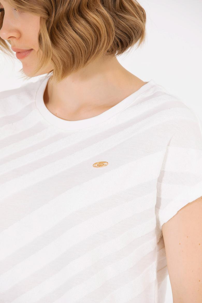 Kadın Krem Bisiklet Yaka Tişört - 50262552012