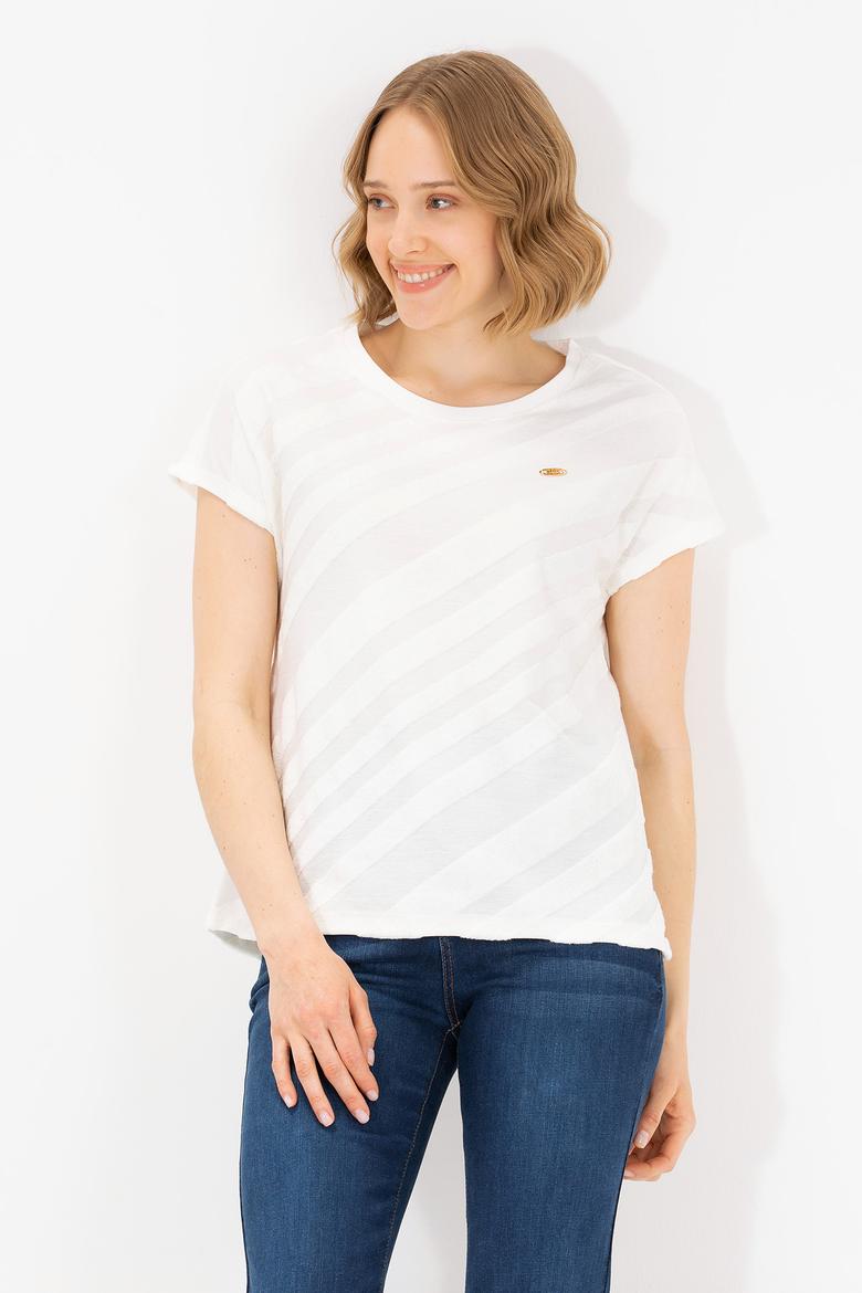 Kadın Krem Bisiklet Yaka Tişört