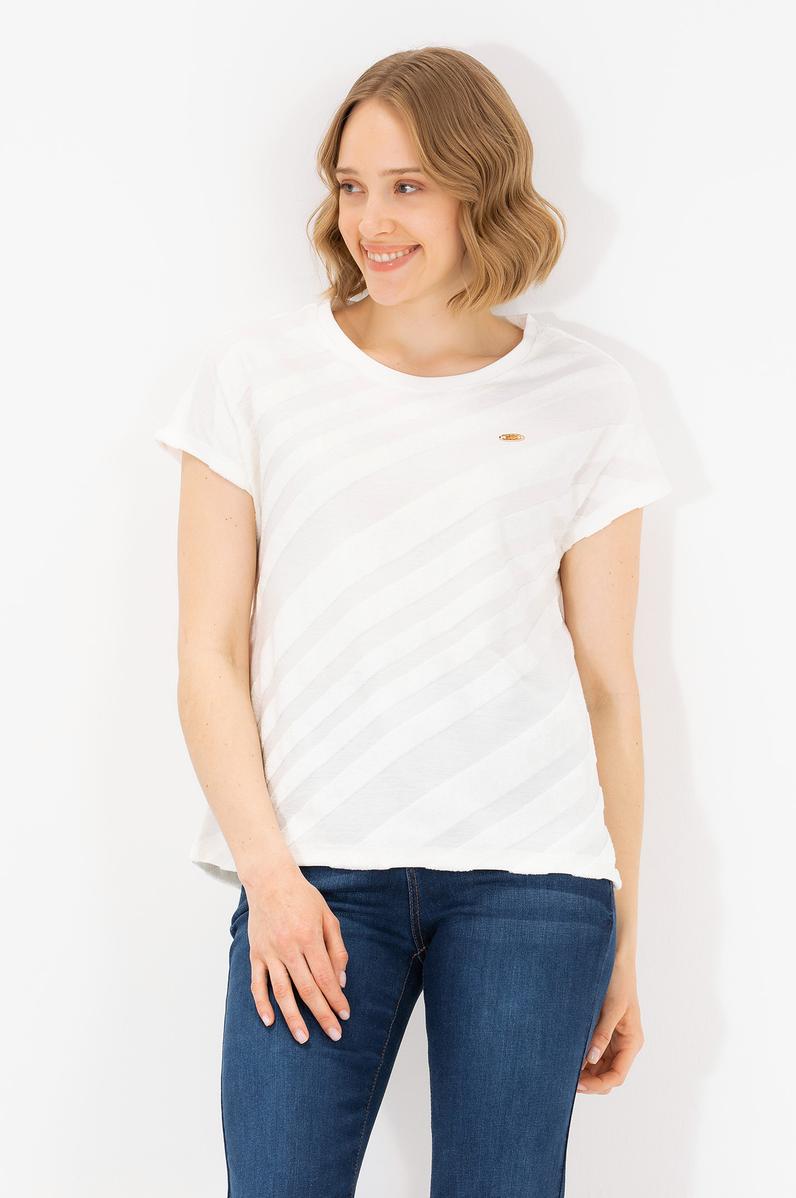 Kadın Krem Bisiklet Yaka Tişört