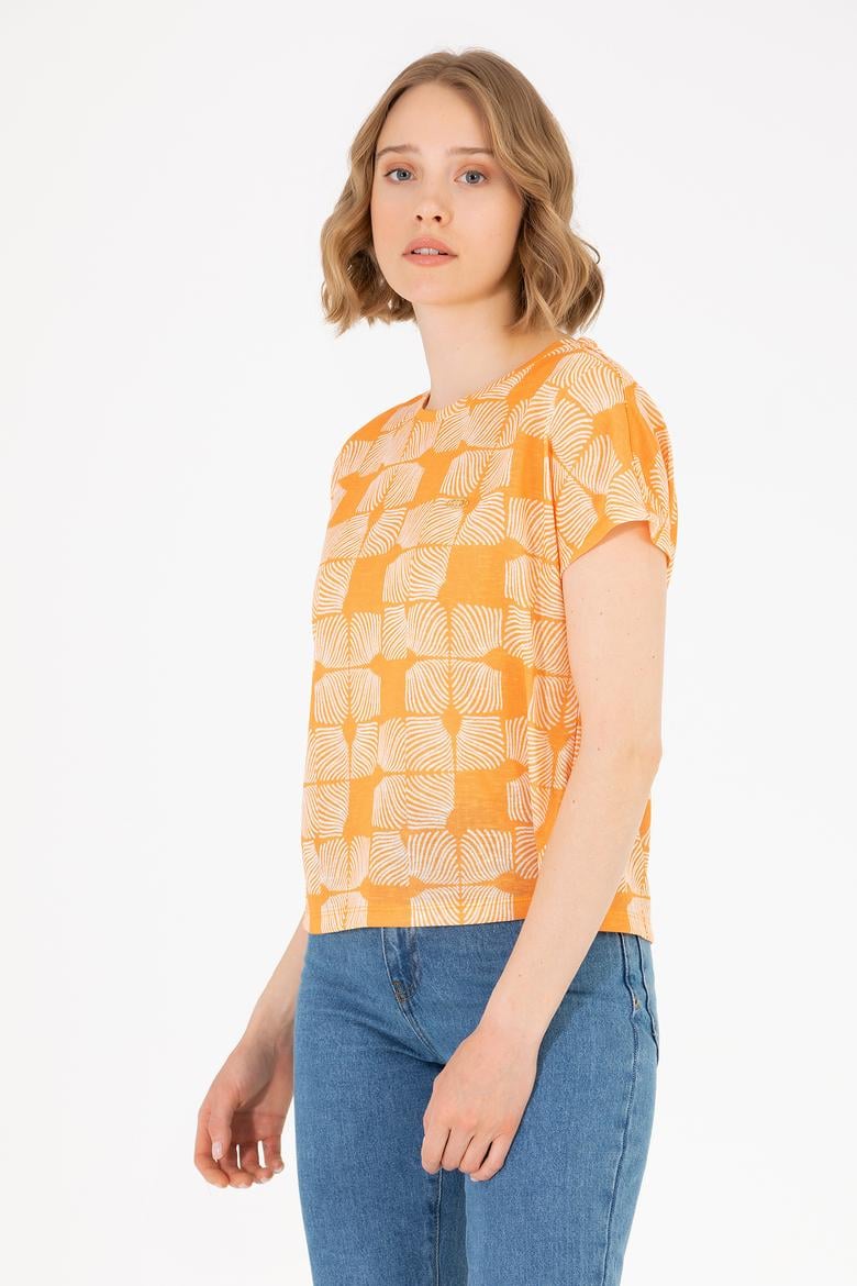 Kadın Turuncu Bisiklet Yaka Tişört - 50263589008