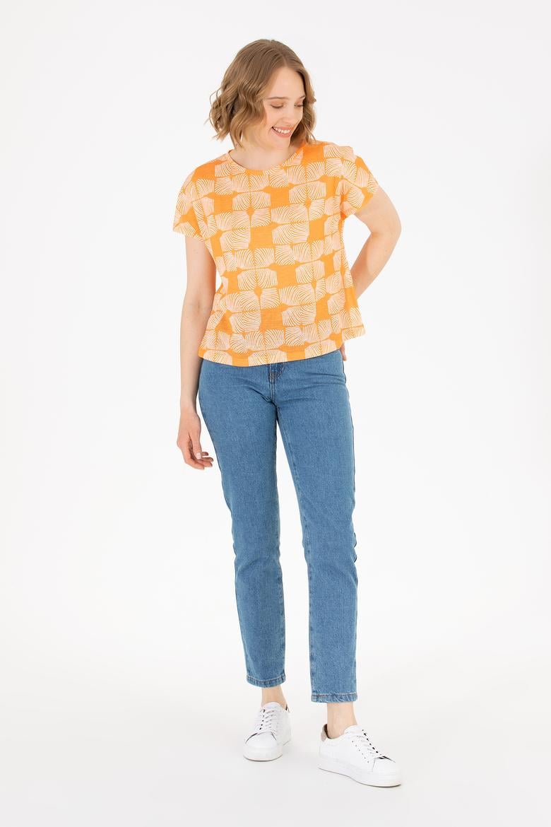 Kadın Turuncu Bisiklet Yaka Tişört - 50263589008