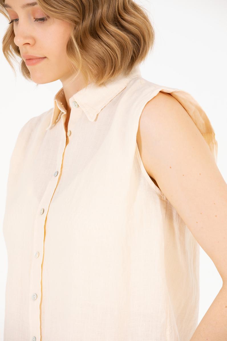 Kadın Krem Keten Görünümlü Kısa Kollu Gömlek