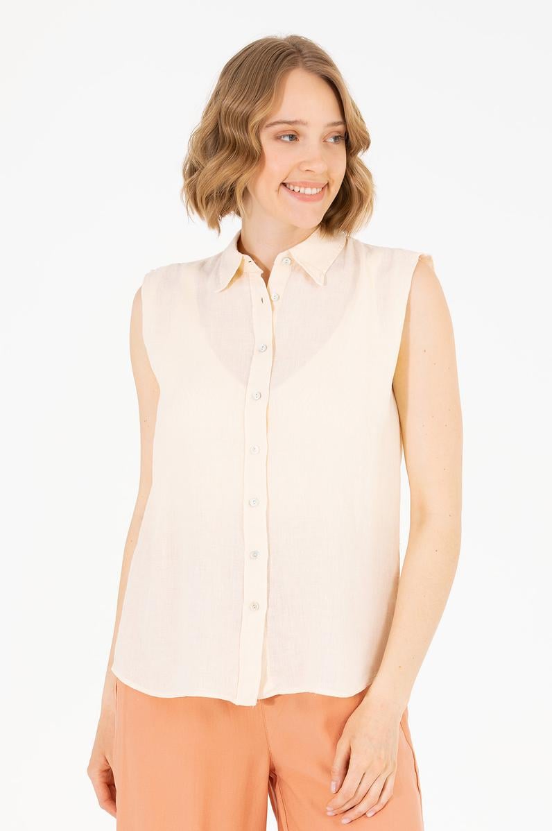 Kadın Krem Keten Görünümlü Kısa Kollu Gömlek