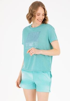 Kadın Mint Bisiklet Yaka Tişört - 50265366002