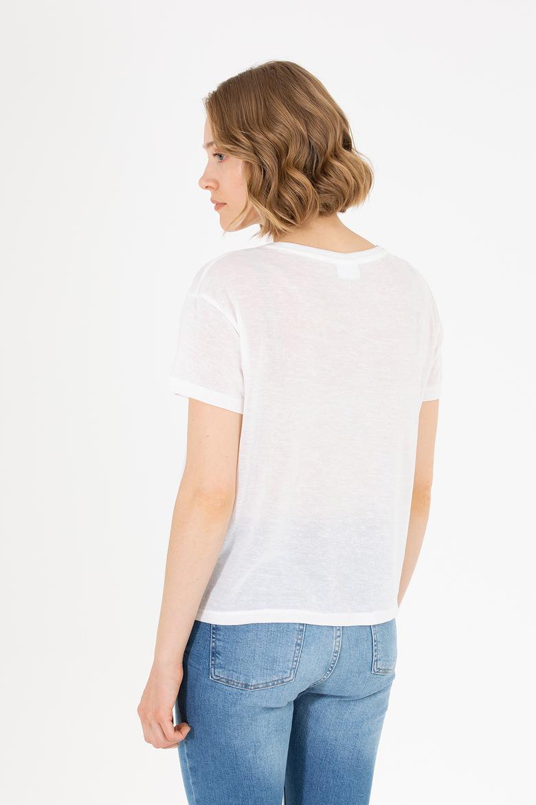 Kadın Ekru Bisiklet Yaka Tişört - 50265366013