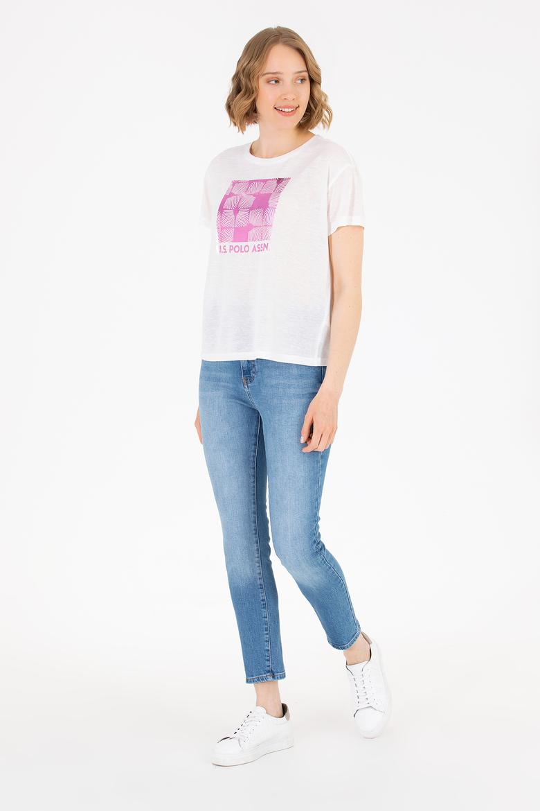 Kadın Ekru Bisiklet Yaka Tişört - 50265366013