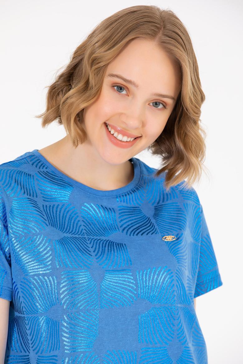 Kadın Saks Bisiklet Yaka Tişört - 50265367007