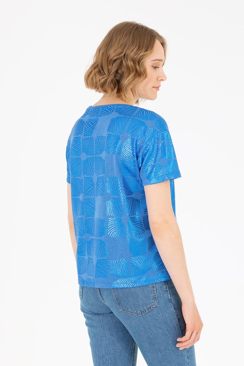 Kadın Saks Bisiklet Yaka Tişört - 50265367007