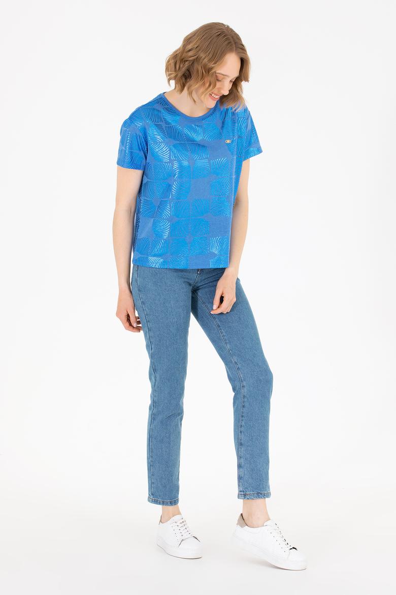 Kadın Saks Bisiklet Yaka Tişört - 50265367007