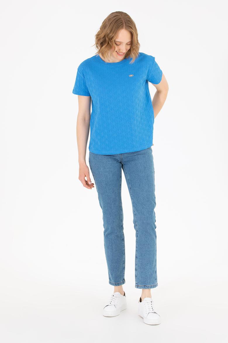 Kadın Saks Bisiklet Yaka Tişört - 50263105003