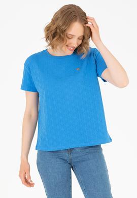 Kadın Saks Bisiklet Yaka Tişört - 50263105003