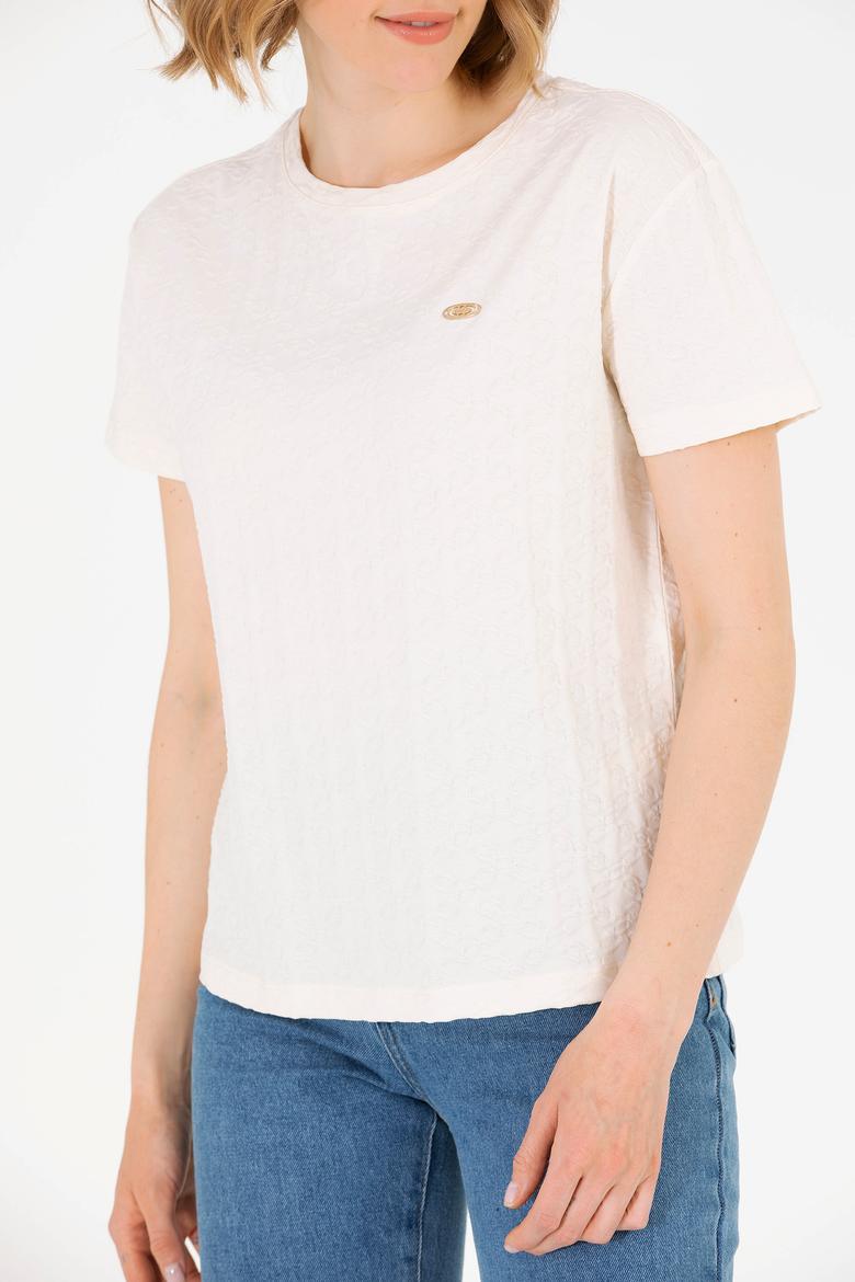 Kadın Krem Bisiklet Yaka Tişört - 50263105011