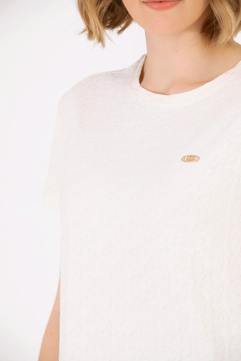 Kadın Krem Bisiklet Yaka Tişört - 50263105011