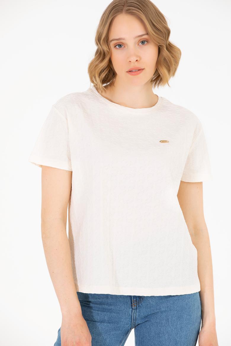 Kadın Krem Bisiklet Yaka Tişört - 50263105011