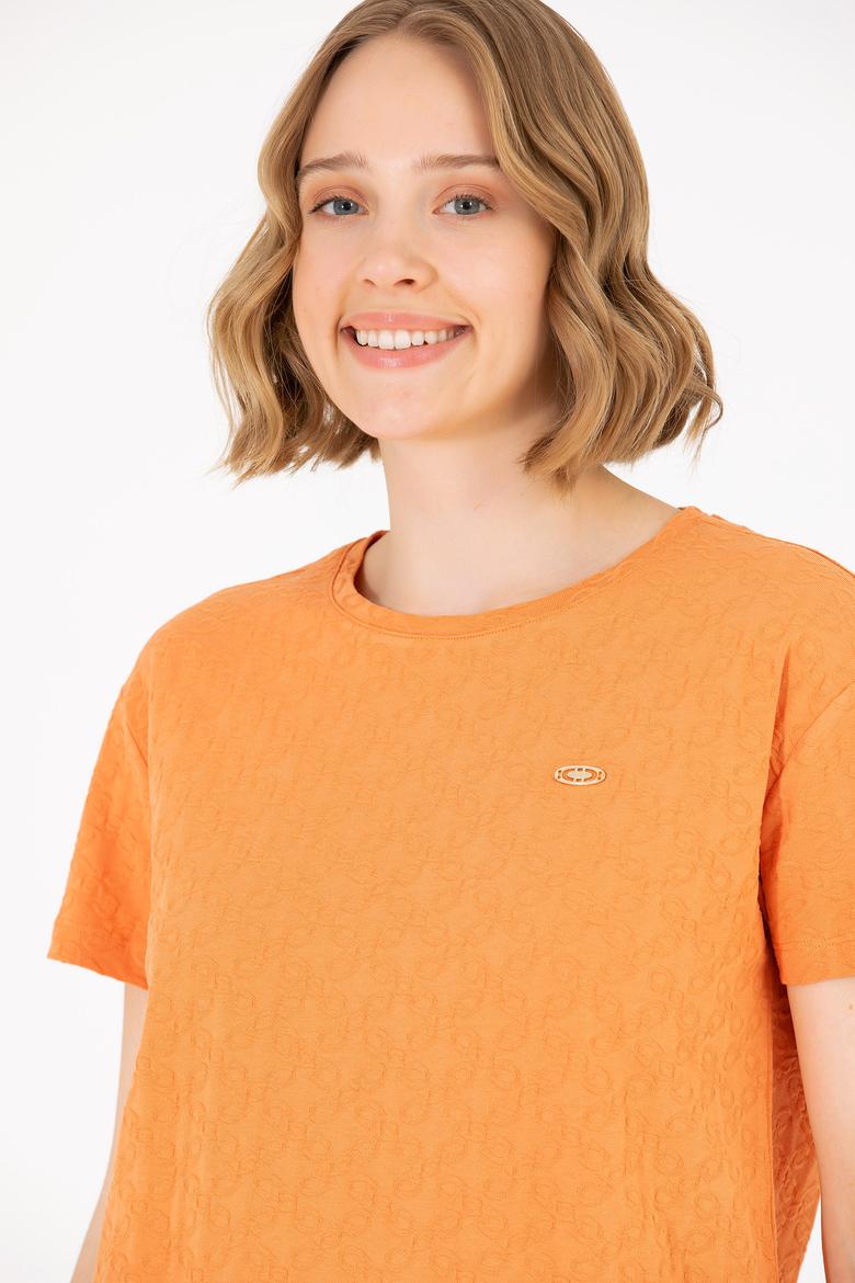 Kadın Kiremit Bisiklet Yaka Tişört - 50263105019