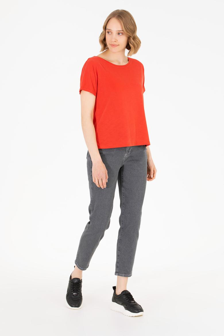 Kadın Kırmızı Bisiklet Yaka Tişört - 50264185019