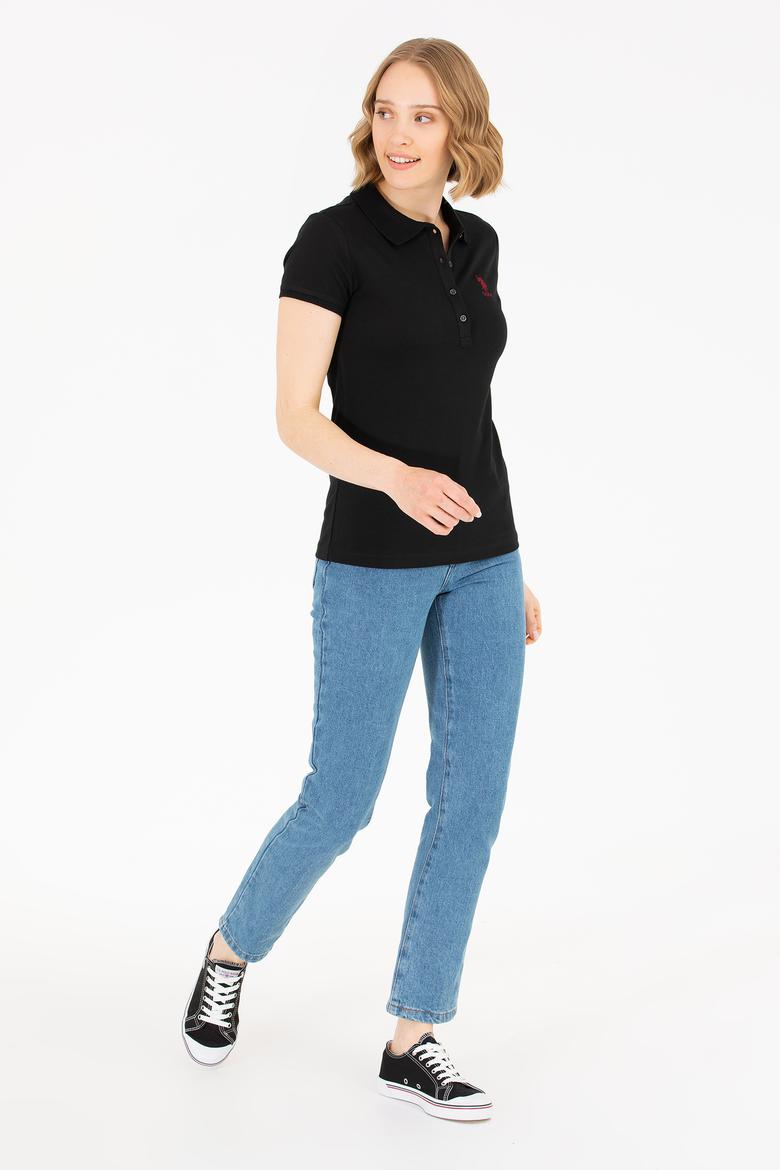 Kadın Siyah Polo Yaka Tişört - 50277087008