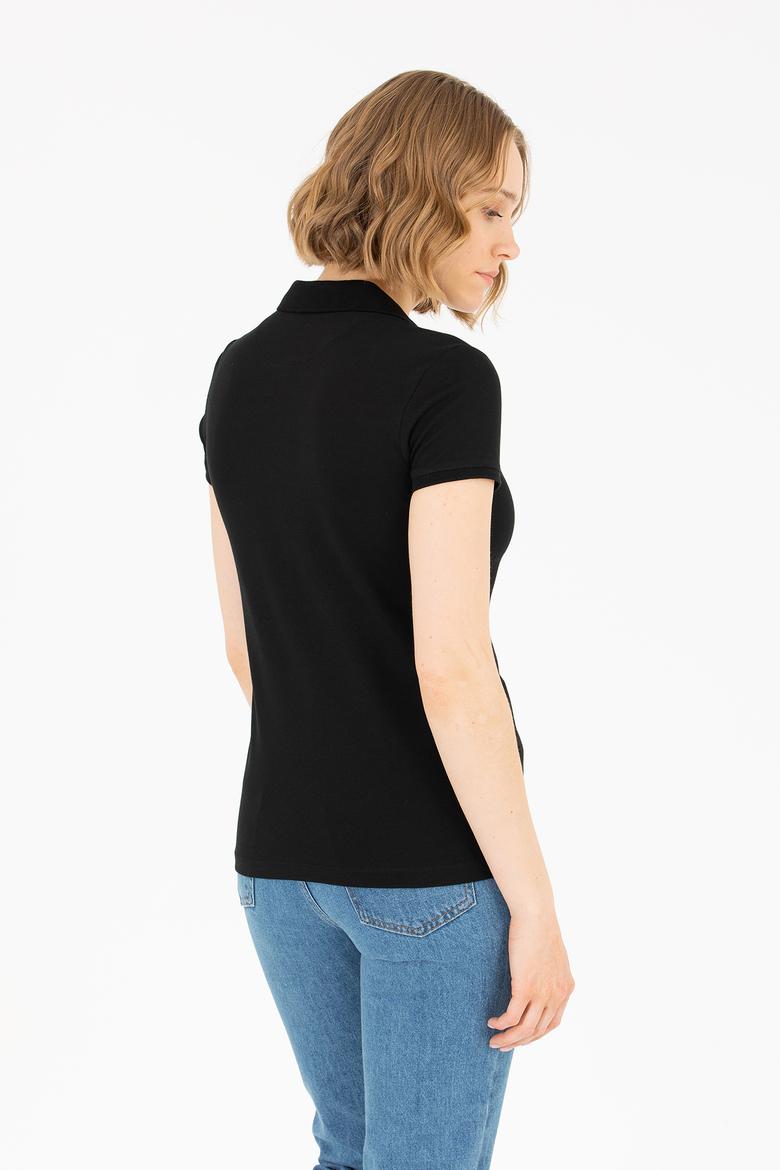 Kadın Siyah Polo Yaka Tişört - 50277087008