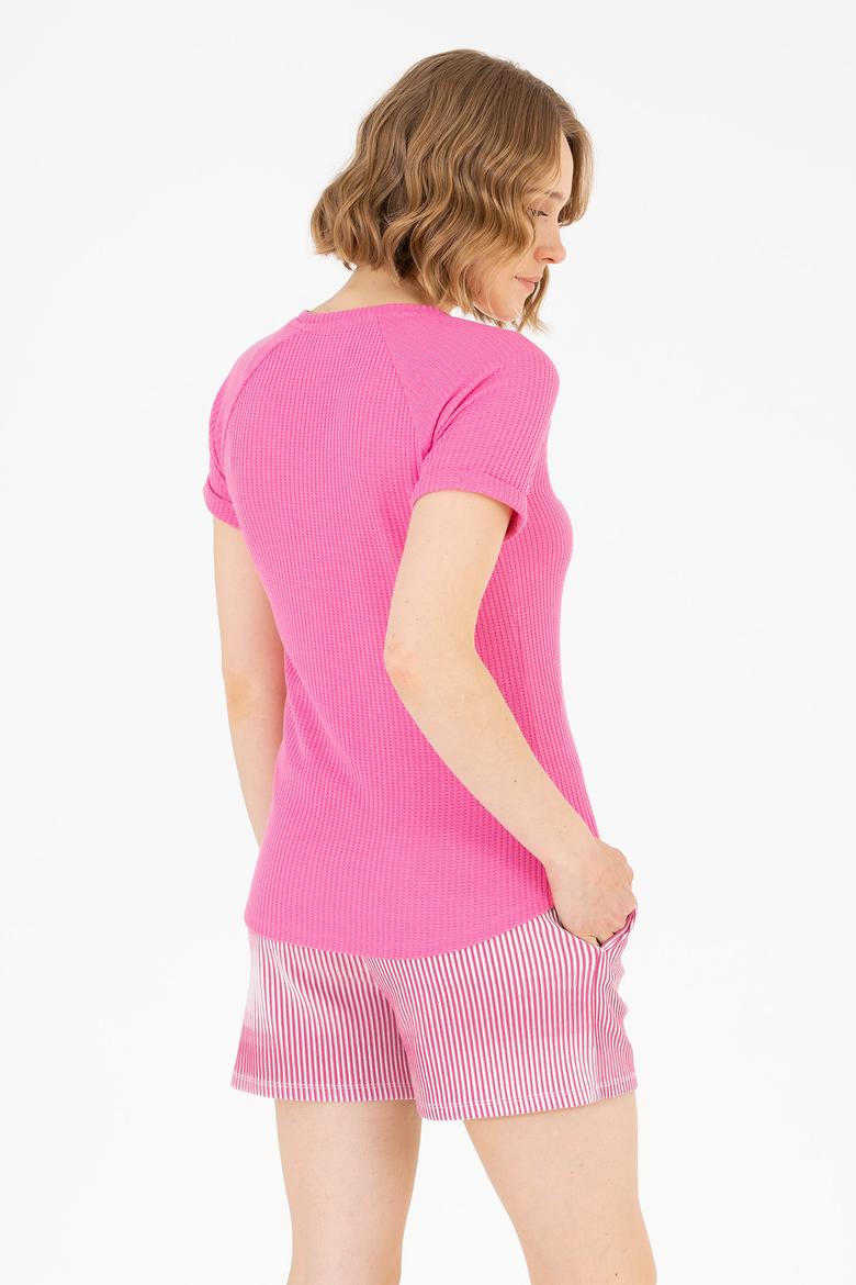 Kadın Pembe V Yaka Tişört - 50262532012