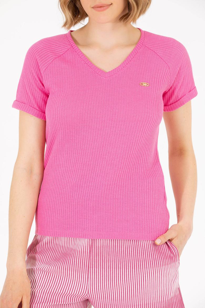 Kadın Pembe V Yaka Tişört - 50262532012