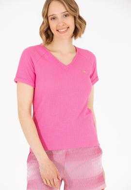Kadın Pembe V Yaka Tişört - 50262532012
