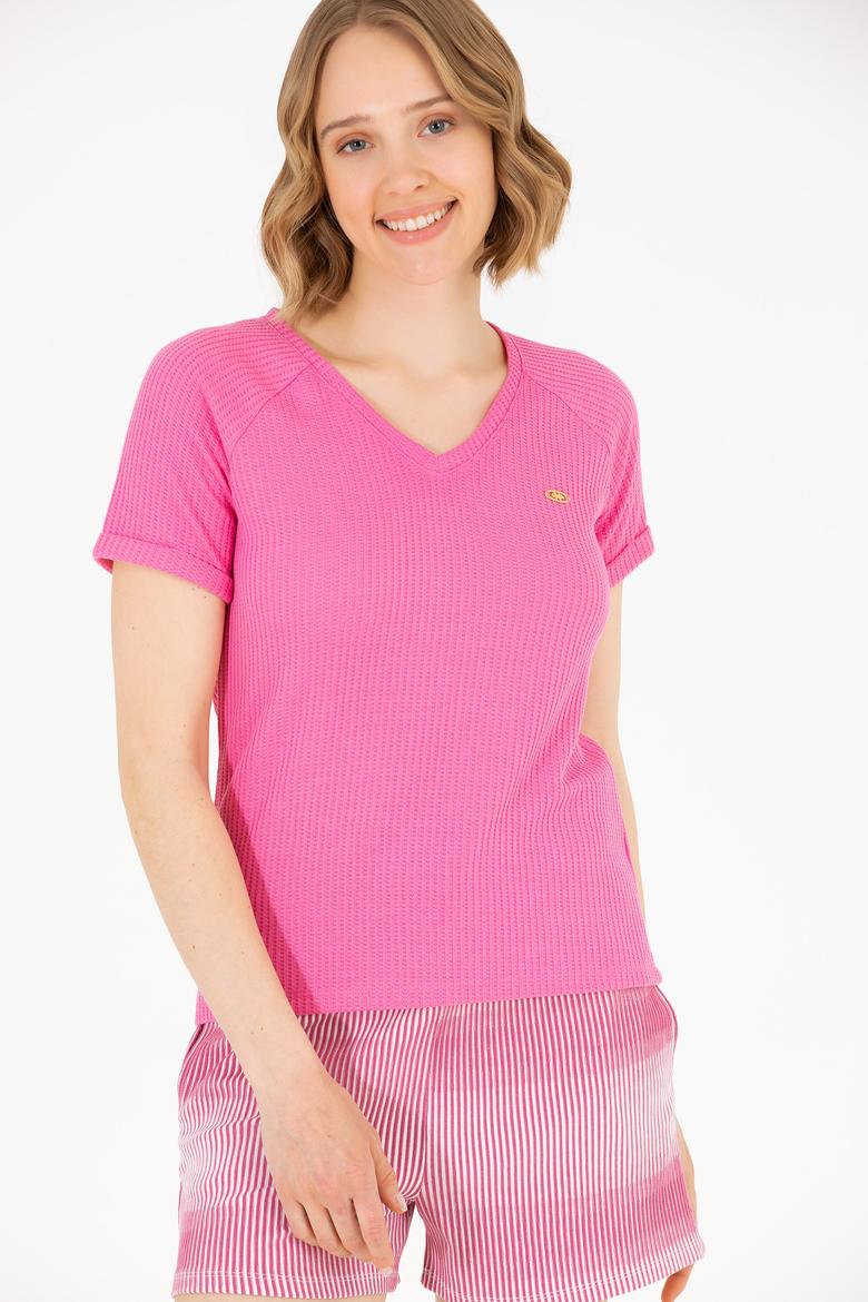 Kadın Pembe V Yaka Tişört