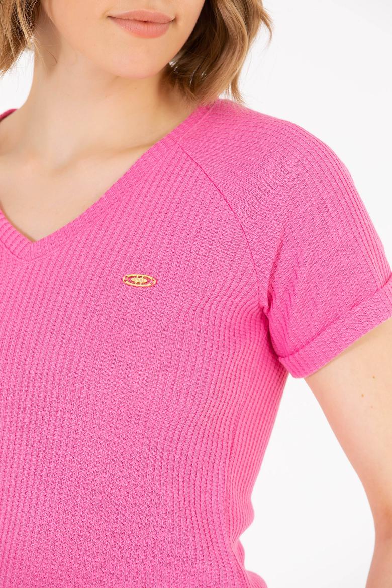 Kadın Pembe V Yaka Tişört - 50262532012