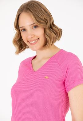 Kadın Pembe V Yaka Tişört - 50262532012