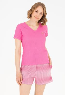 Kadın Pembe V Yaka Tişört - 50262532012
