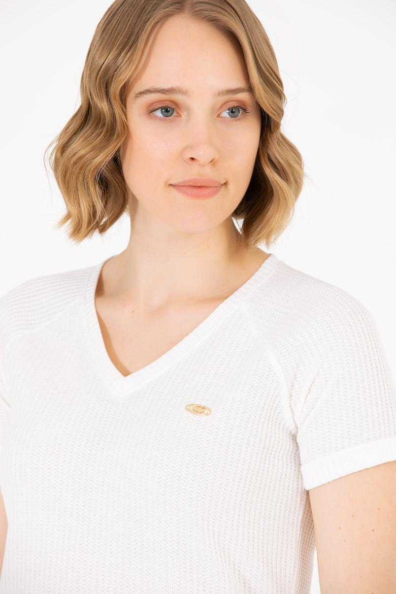 Kadın Ekru V Yaka Tişört - 50262532022