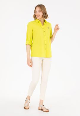 Kadın Neon Sarı Keten Görünümlü Uzun Kollu Basic Gömlek - 50262873029