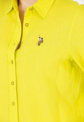 Kadın Neon Sarı Keten Görünümlü Uzun Kollu Basic Gömlek - 50262873029