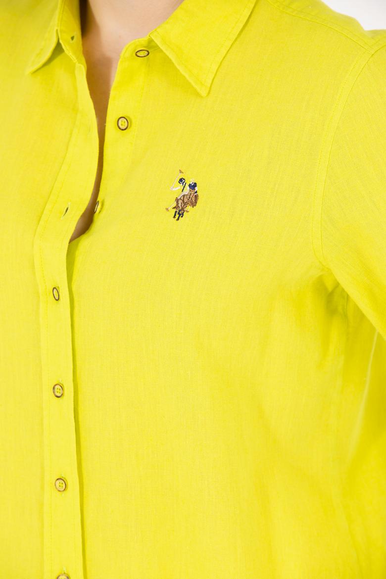Kadın Neon Sarı Keten Görünümlü Uzun Kollu Basic Gömlek - 50262873029