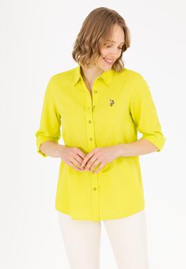 Kadın Neon Sarı Keten Görünümlü Uzun Kollu Basic Gömlek - 50262873029