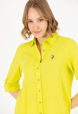 Kadın Neon Sarı Keten Görünümlü Uzun Kollu Basic Gömlek - 50262873029
