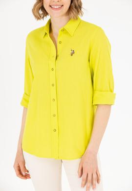 Kadın Neon Sarı Keten Görünümlü Uzun Kollu Basic Gömlek - 50262873029