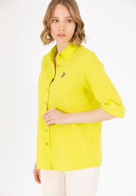 Kadın Neon Sarı Keten Görünümlü Uzun Kollu Basic Gömlek - 50262873029